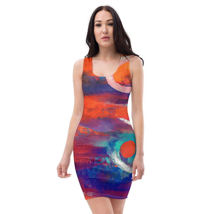 Womens Stretch Fit Bodycon Dress Red Blue Multicolor Abstract Print - Womens