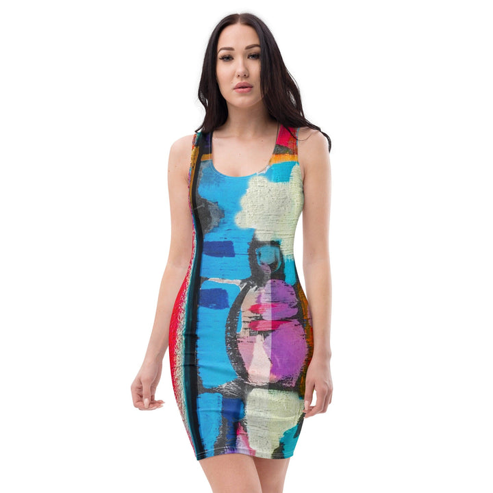 Womens Stretch Fit Bodycon Dress Sutileza Red Multicolor Abstract - Womens