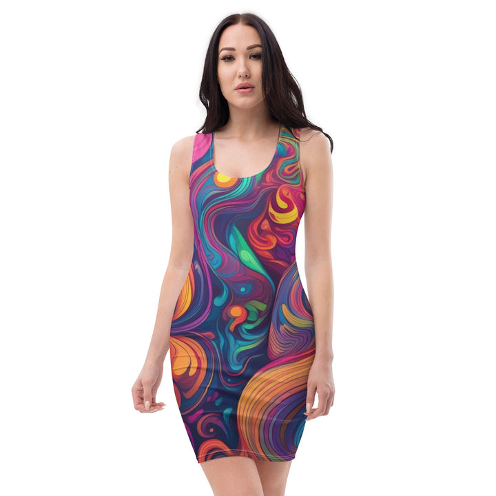 Womens Stretch Fit Bodycon Dress Vibrant Psychedelic Rave Pattern