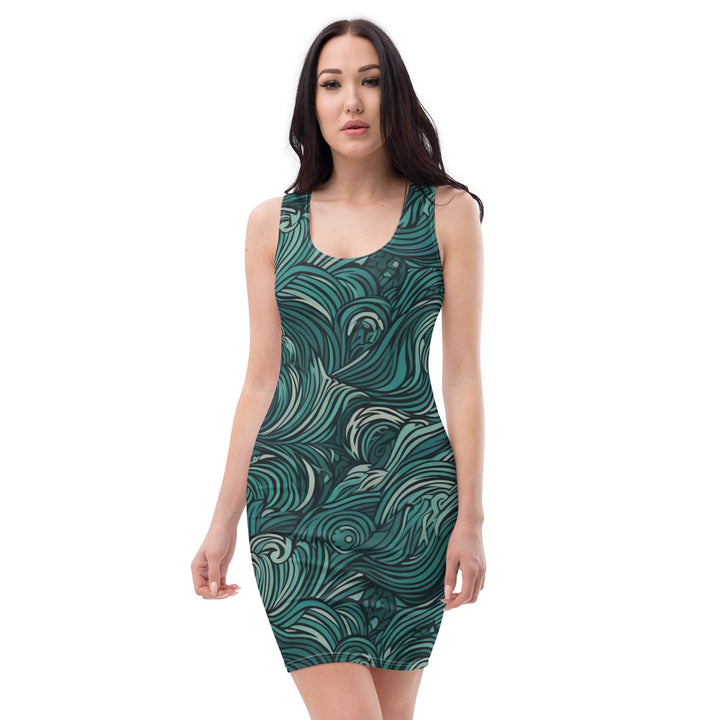 Womens Stretch Fit Bodycon Dress Water Wave Mint Green Illustration