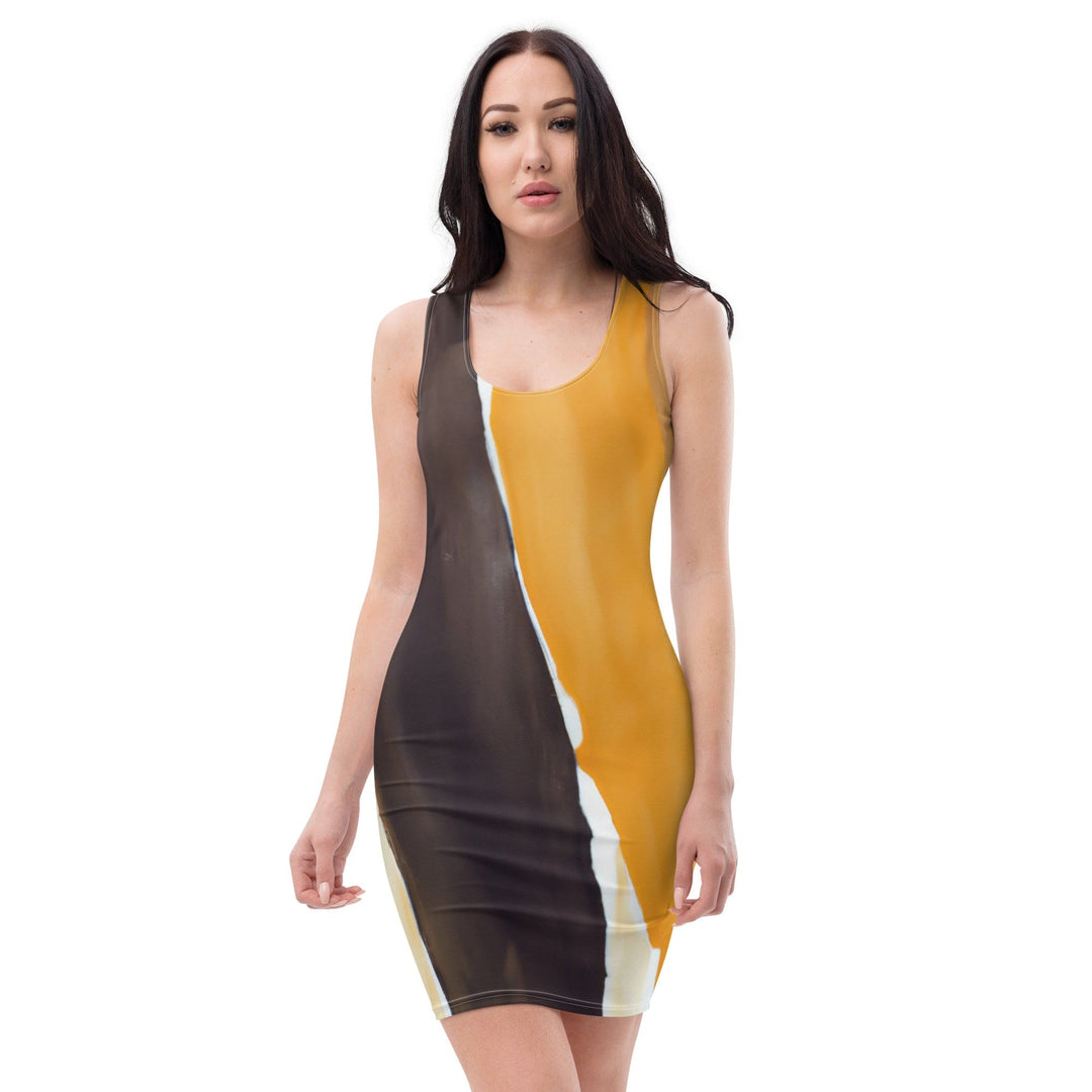 Womens Stretch Fit Bodycon Dress Yellow Brown Abstract Pattern - Womens