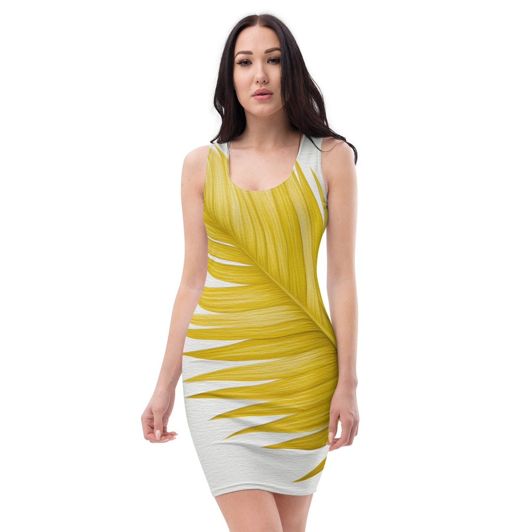 Womens Stretch Fit Bodycon Dress Yellow Palm Leaves