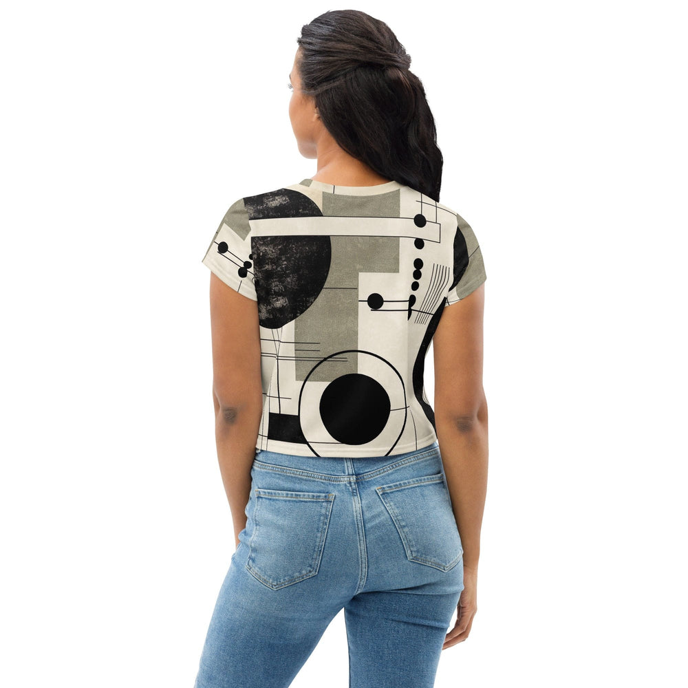 Womens Stretch Fit Crop Tee T-shirt - Abstract Black Beige Brown Geometric
