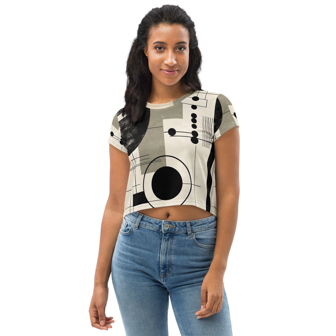 Womens Stretch Fit Crop Tee T-shirt - Abstract Black Beige Brown Geometric