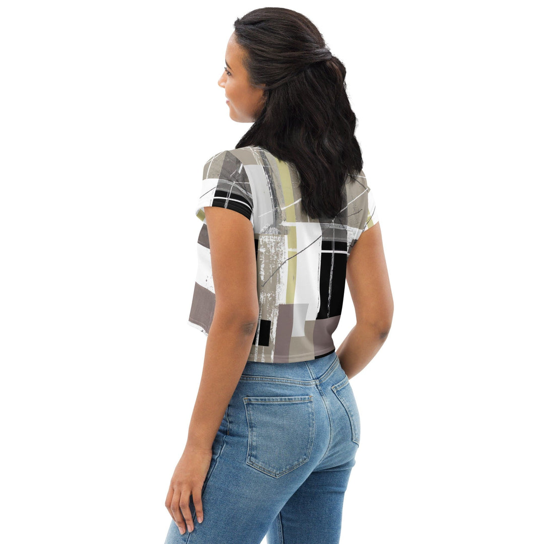 Womens Stretch Fit Crop Tee T-shirt - Abstract Brown Geometric Shapes