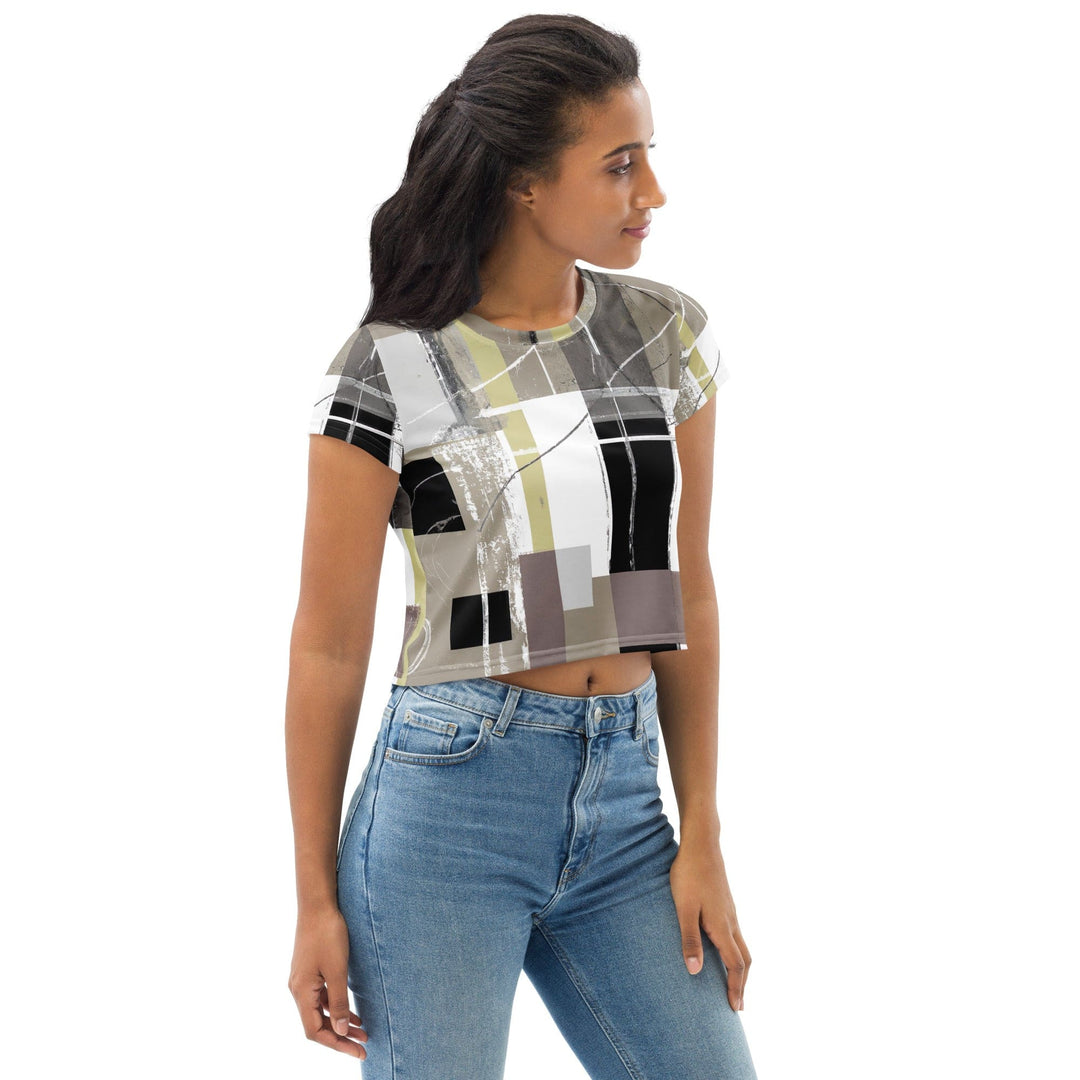 Womens Stretch Fit Crop Tee T-shirt - Abstract Brown Geometric Shapes