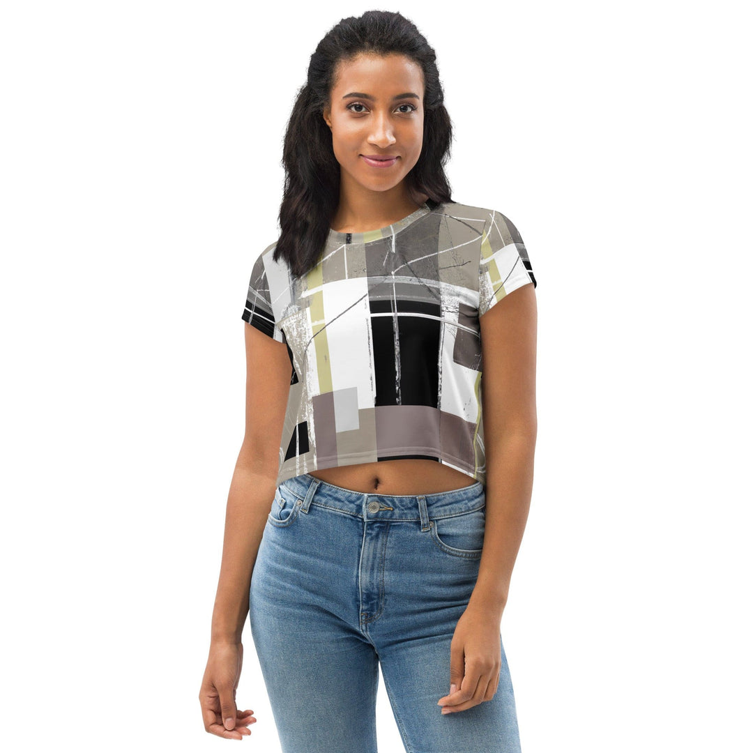 Womens Stretch Fit Crop Tee T-shirt - Abstract Brown Geometric Shapes