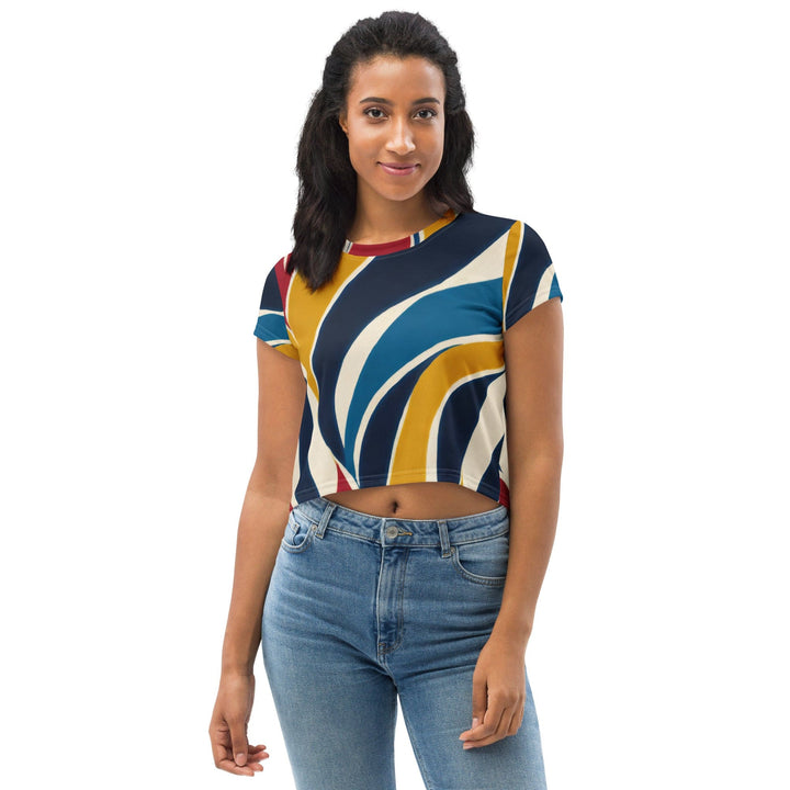 Womens Stretch Fit Crop Tee T-shirt - Abstract Multicolor Swirl Line Pattern