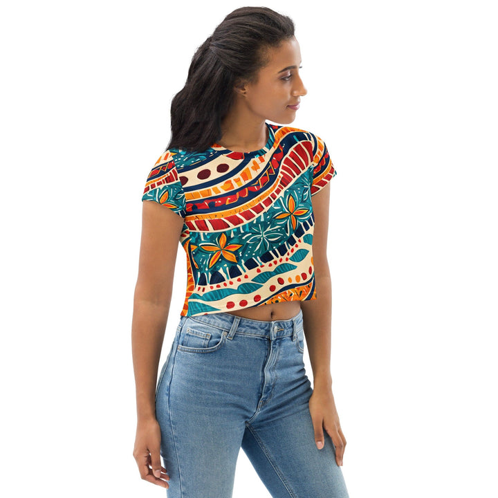 Womens Stretch Fit Crop Tee T-shirt - Boho Floral Print