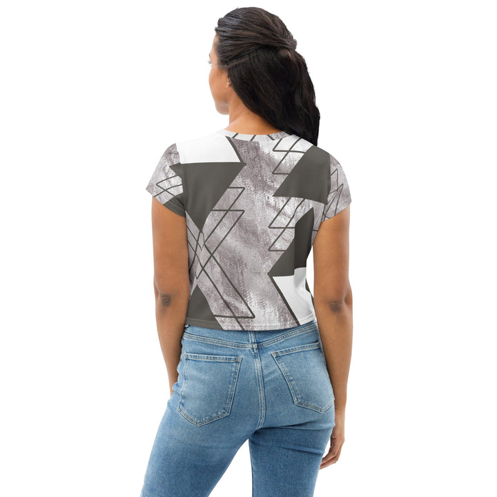 Womens Stretch Fit Crop Tee T-shirt - Ash Grey and White Triangular Colorblock
