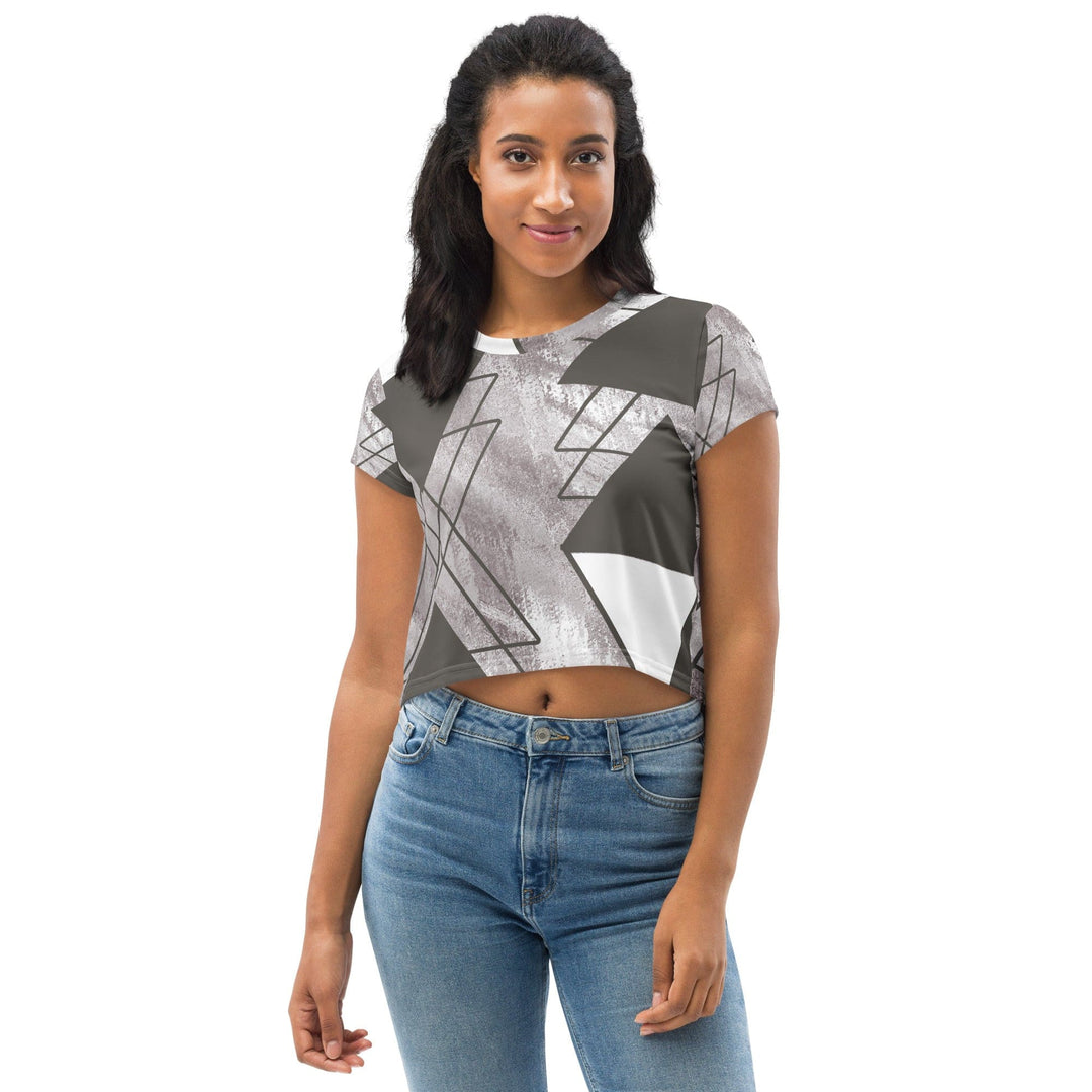 Womens Stretch Fit Crop Tee T-shirt - Ash Grey and White Triangular Colorblock