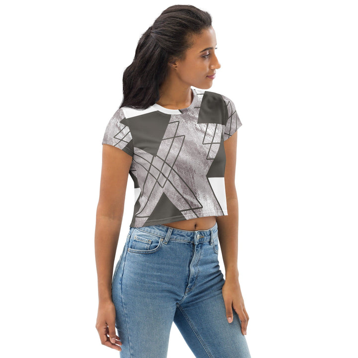 Womens Stretch Fit Crop Tee T-shirt - Ash Grey and White Triangular Colorblock