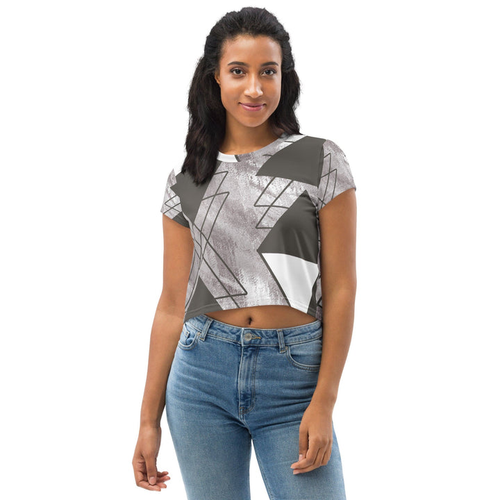 Womens Stretch Fit Crop Tee T-shirt - Ash Grey and White Triangular Colorblock