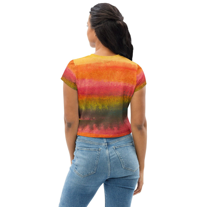 Womens Stretch Fit Crop Tee T-shirt - Autumn Fall Watercolor Abstract Print