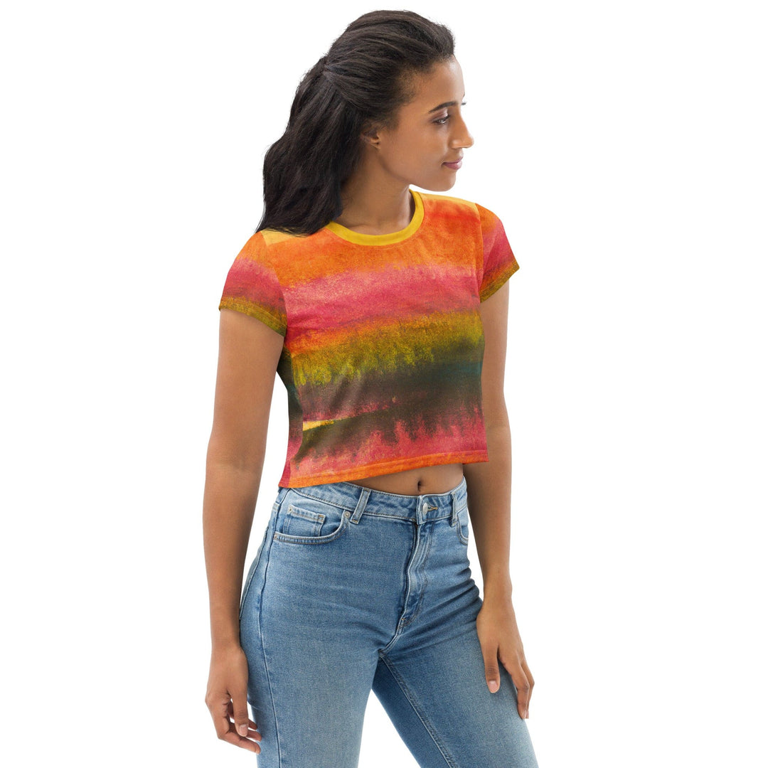 Womens Stretch Fit Crop Tee T-shirt - Autumn Fall Watercolor Abstract Print