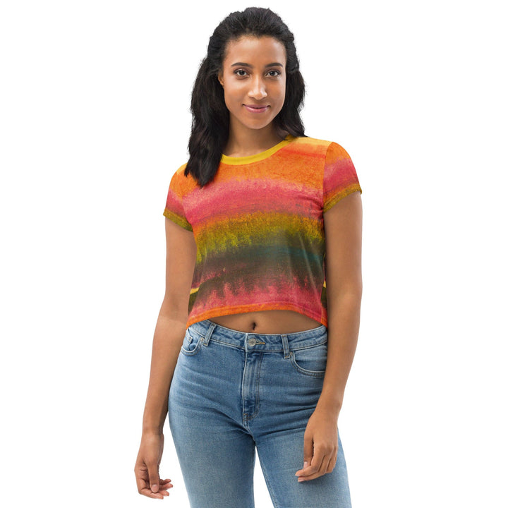 Womens Stretch Fit Crop Tee T-shirt - Autumn Fall Watercolor Abstract Print