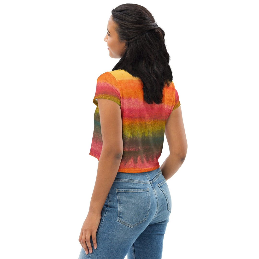 Womens Stretch Fit Crop Tee T-shirt - Autumn Fall Watercolor Abstract Print