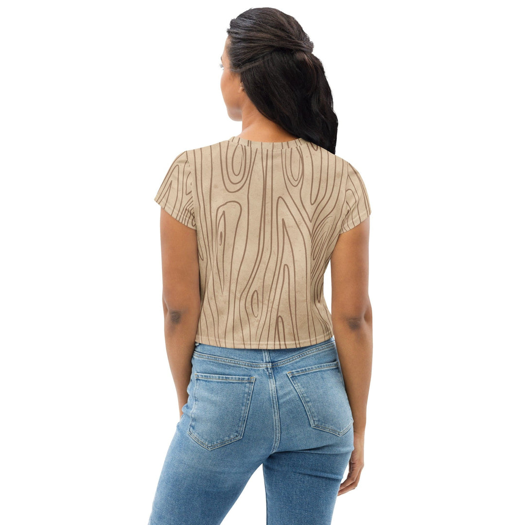 Womens Stretch Fit Crop Tee T-shirt - Beige Brown Tree Sketch Lines