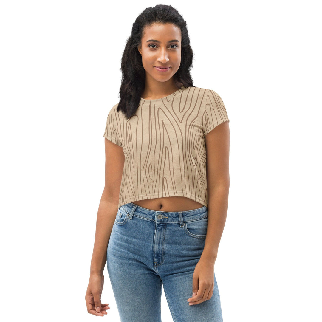 Womens Stretch Fit Crop Tee T-shirt - Beige Brown Tree Sketch Lines