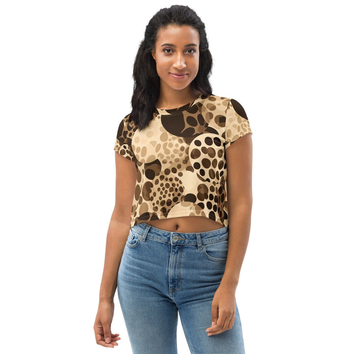 Womens Stretch Fit Crop Tee T-shirt - Beige Brown Spotted Print