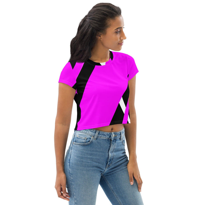 Womens Stretch Fit Crop Tee T-shirt - Black and Pink Pattern