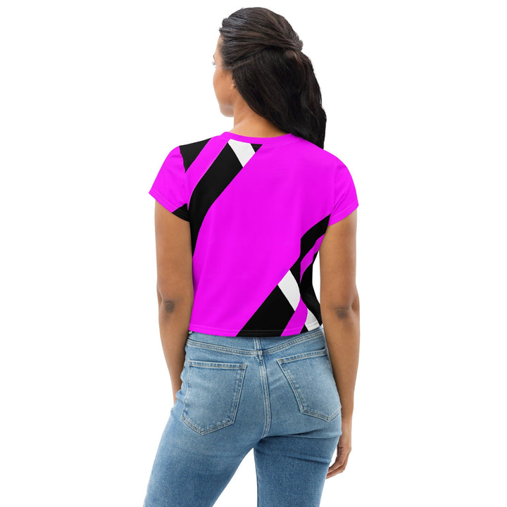 Womens Stretch Fit Crop Tee T-shirt - Black and Pink Pattern