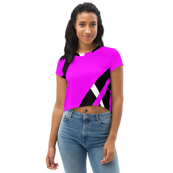 Womens Stretch Fit Crop Tee T-shirt - Black and Pink Pattern