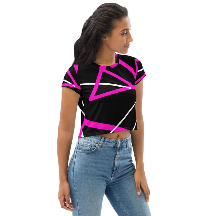 Womens Stretch Fit Crop Tee T-shirt - Black and Pink Pattern