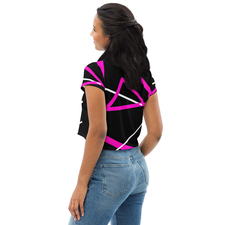 Womens Stretch Fit Crop Tee T-shirt - Black and Pink Pattern