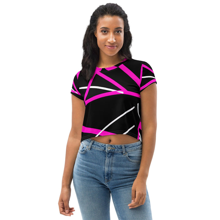 Womens Stretch Fit Crop Tee T-shirt - Black and Pink Pattern