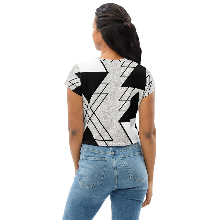 Womens Stretch Fit Crop Tee T-shirt - Black and White Ash Grey Triangular
