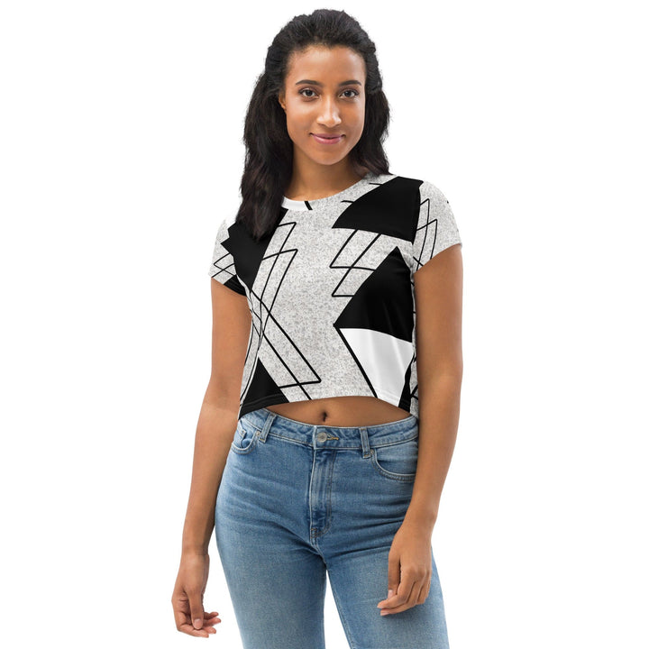 Womens Stretch Fit Crop Tee T-shirt - Black and White Ash Grey Triangular