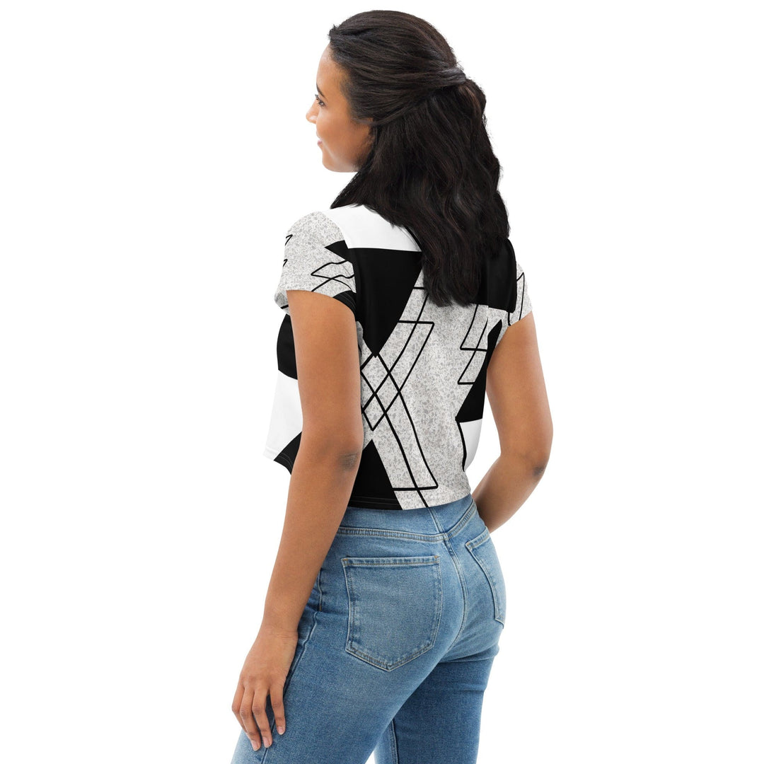 Womens Stretch Fit Crop Tee T-shirt - Black and White Ash Grey Triangular