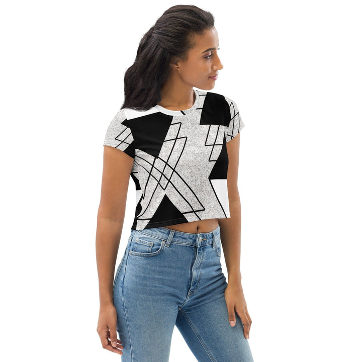 Womens Stretch Fit Crop Tee T-shirt - Black and White Ash Grey Triangular