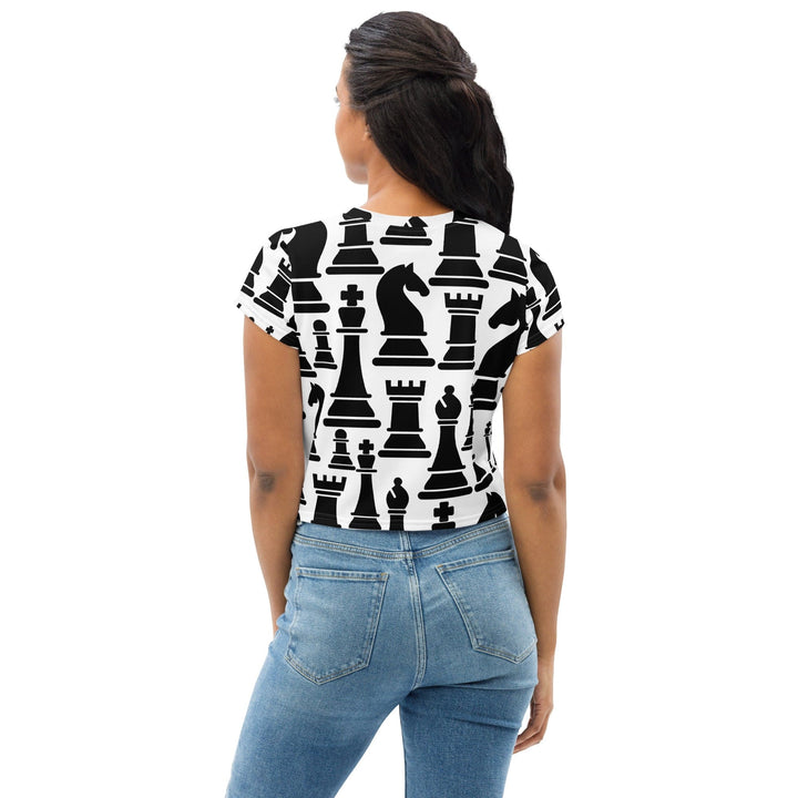 Womens Stretch Fit Crop Tee T-shirt - Black and White Chess Print