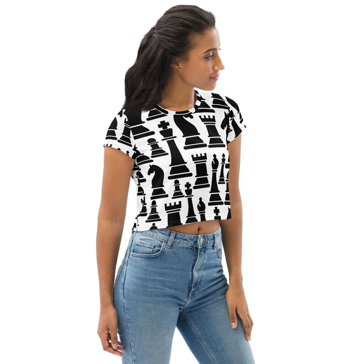 Womens Stretch Fit Crop Tee T-shirt - Black and White Chess Print