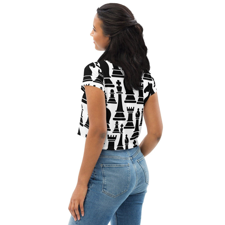 Womens Stretch Fit Crop Tee T-shirt - Black and White Chess Print