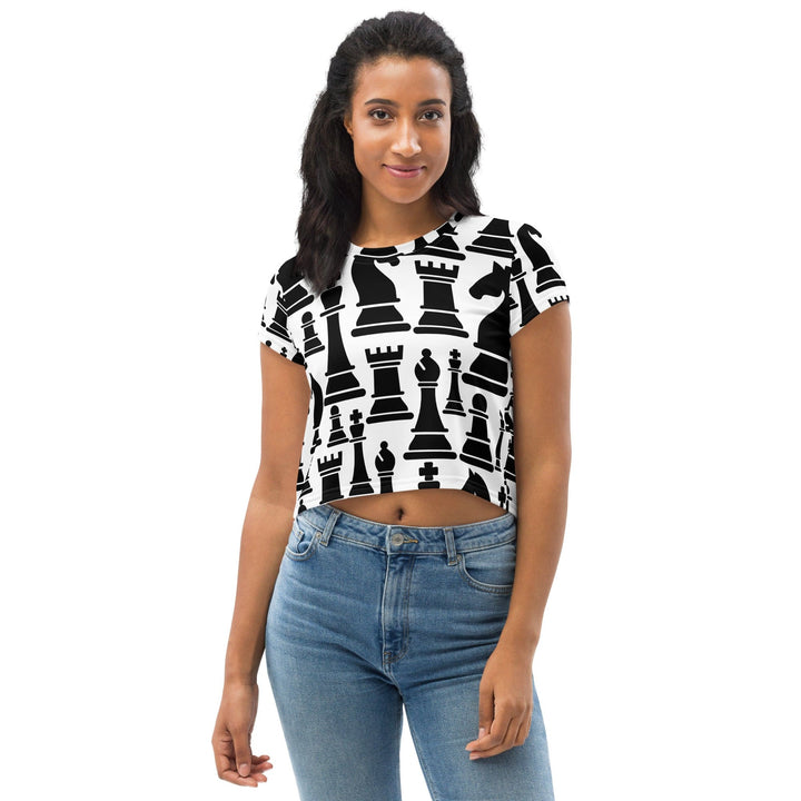 Womens Stretch Fit Crop Tee T-shirt - Black and White Chess Print