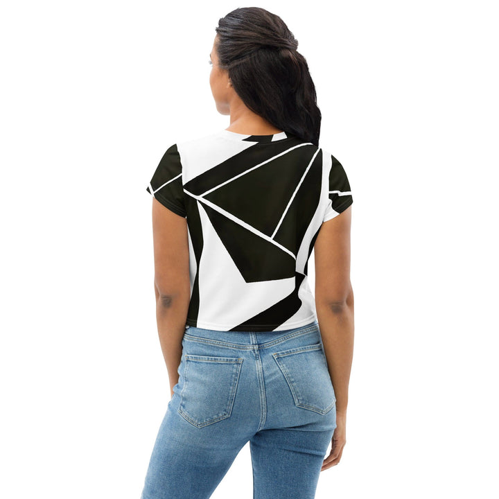 Womens Stretch Fit Crop Tee T-shirt - Black and White Geometric Pattern