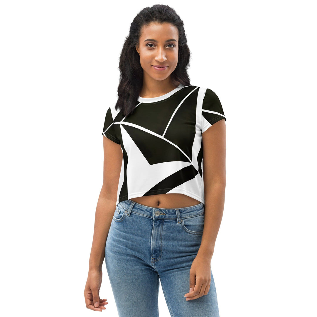 Womens Stretch Fit Crop Tee T-shirt - Black and White Geometric Pattern