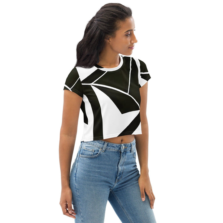 Womens Stretch Fit Crop Tee T-shirt - Black and White Geometric Pattern