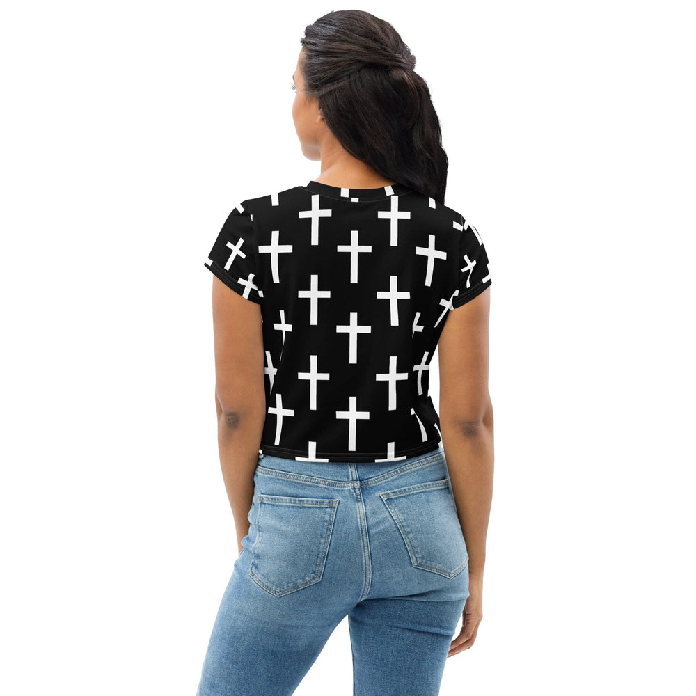 Womens Stretch Fit Crop Tee T-shirt - Black White Cross Print