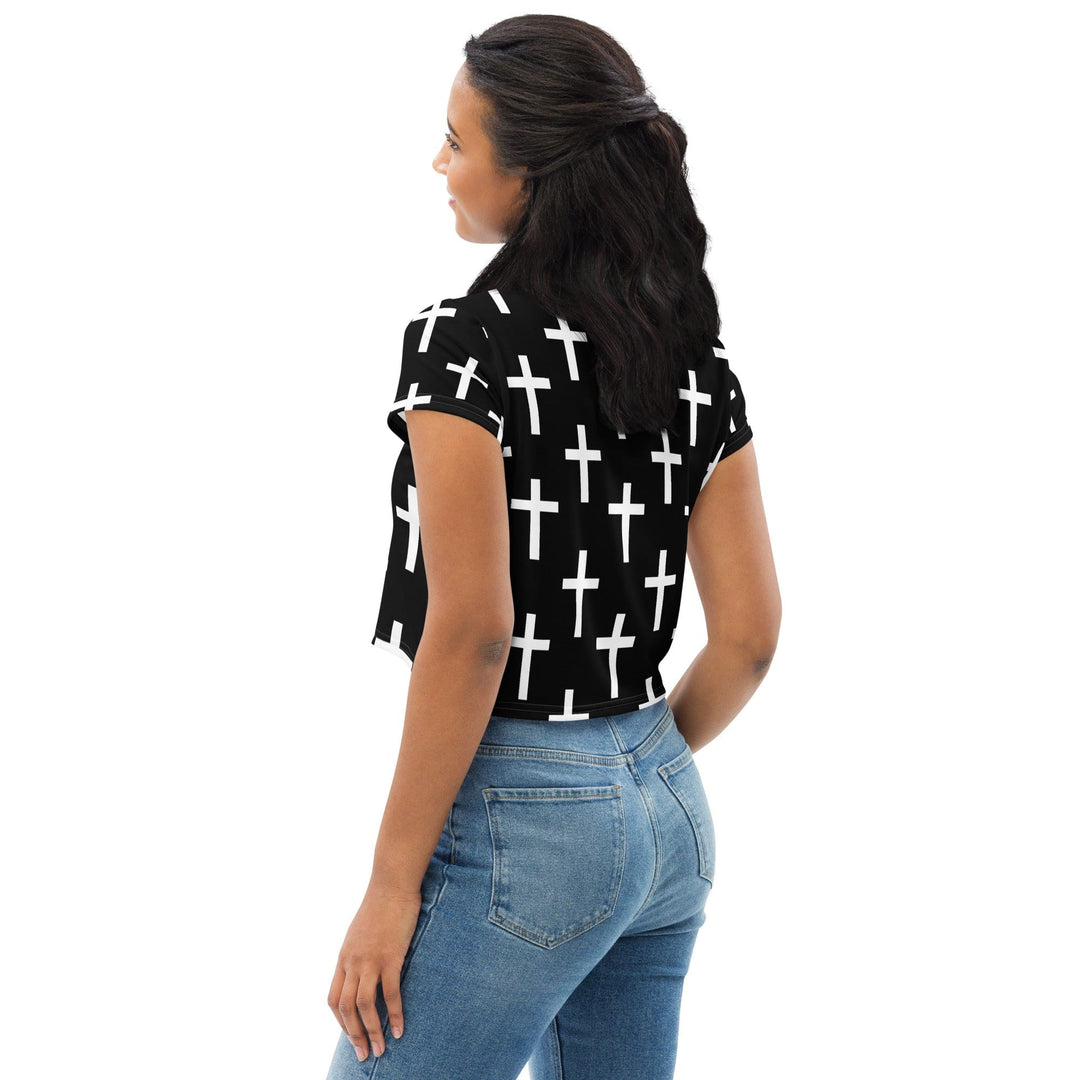 Womens Stretch Fit Crop Tee T-shirt - Black White Cross Print
