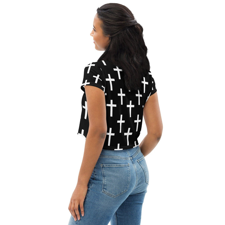Womens Stretch Fit Crop Tee T-shirt - Black White Cross Print