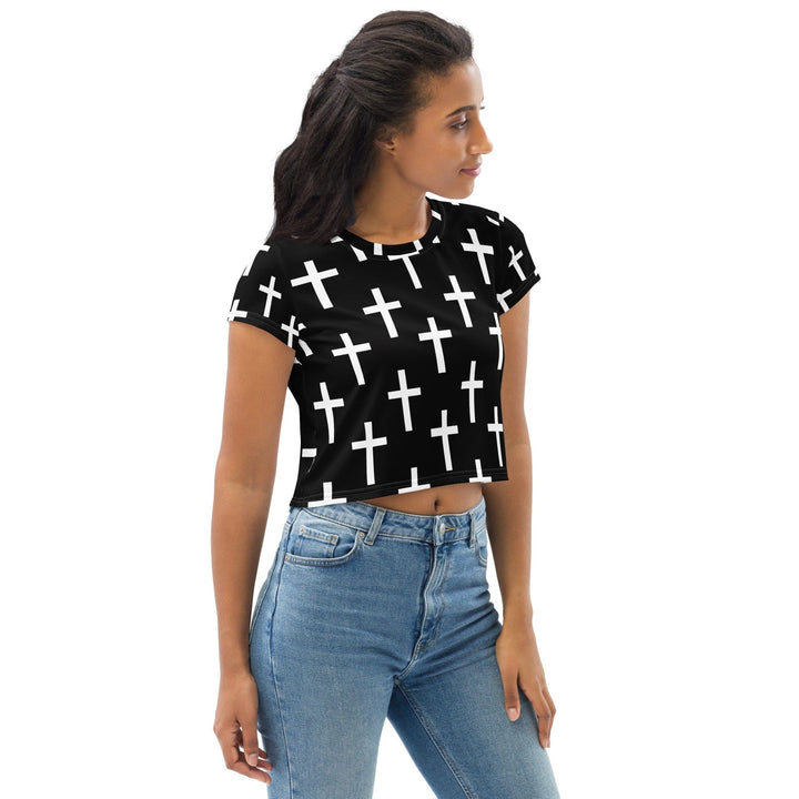 Womens Stretch Fit Crop Tee T-shirt - Black White Cross Print