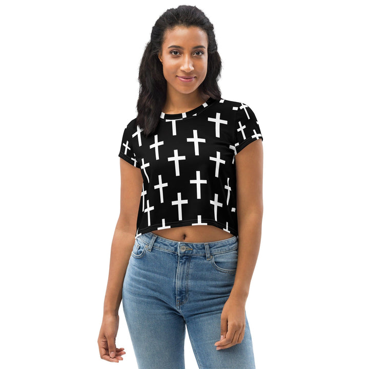 Womens Stretch Fit Crop Tee T-shirt - Black White Cross Print