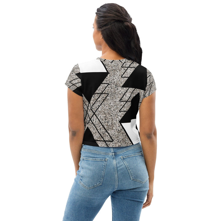 Womens Stretch Fit Crop Tee T-shirt - Black and White Triangular Colorblock
