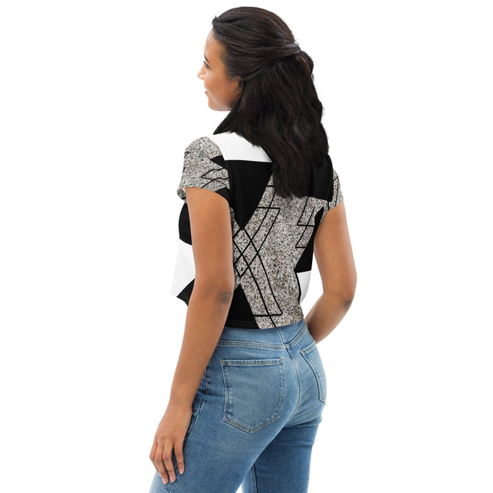 Womens Stretch Fit Crop Tee T-shirt - Black and White Triangular Colorblock