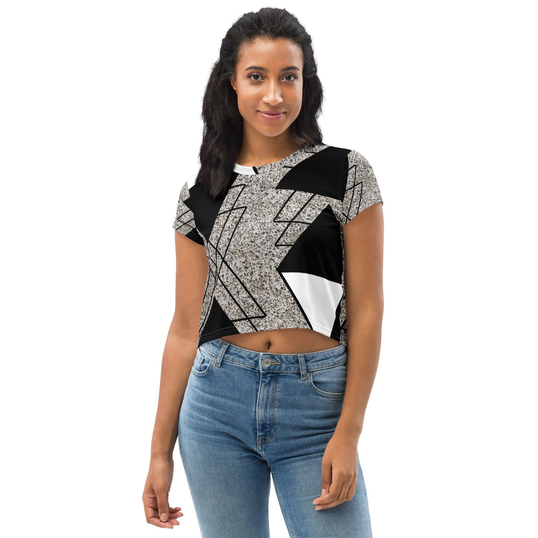 Womens Stretch Fit Crop Tee T-shirt - Black and White Triangular Colorblock