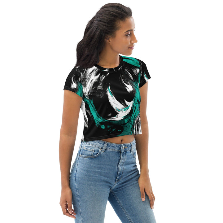 Womens Stretch Fit Crop Tee T-shirt - Black Green White Abstract Pattern